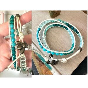 Bee beaded wrap bracelet with blue beads and cream leather